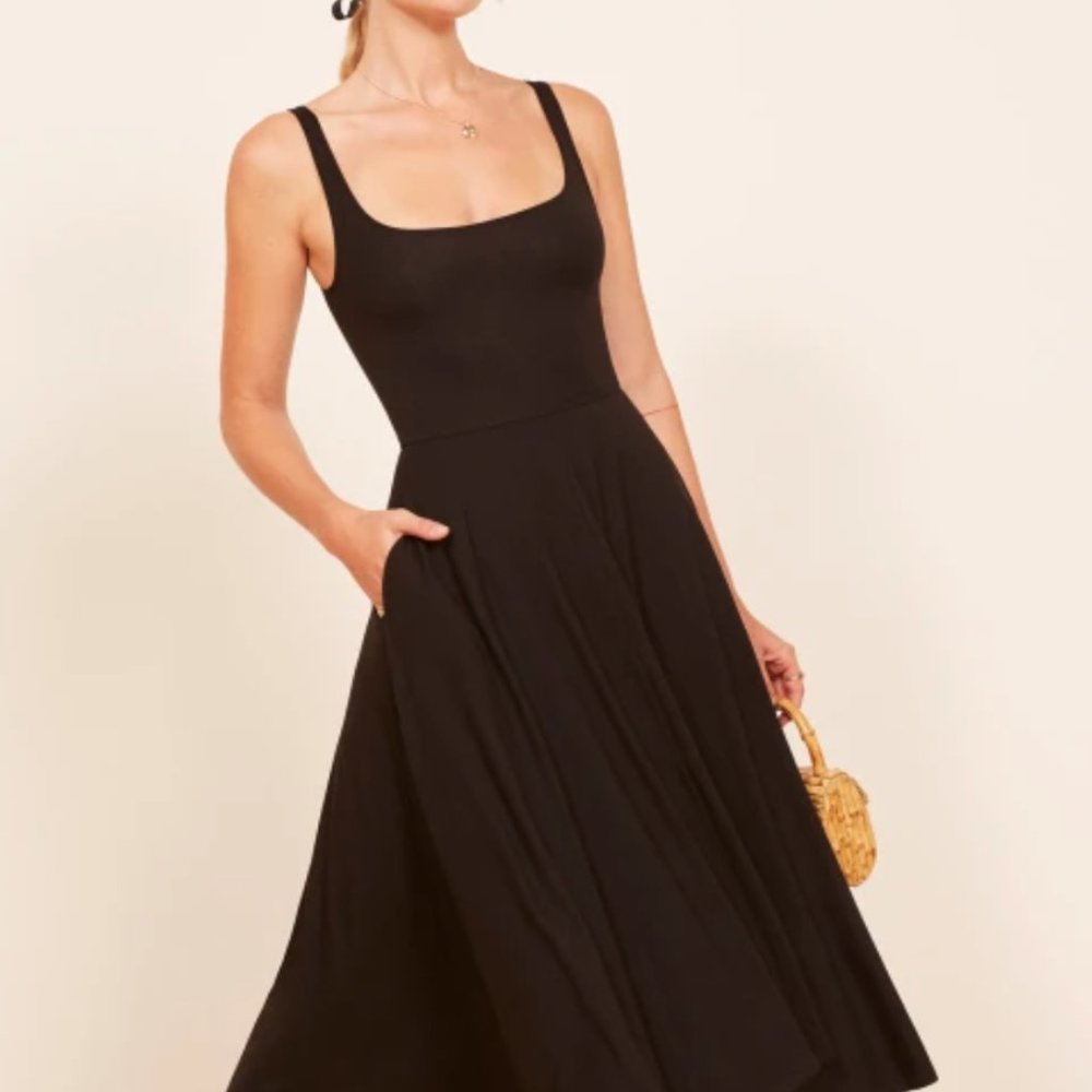 Reformation Black Midi Square-Neck Dress